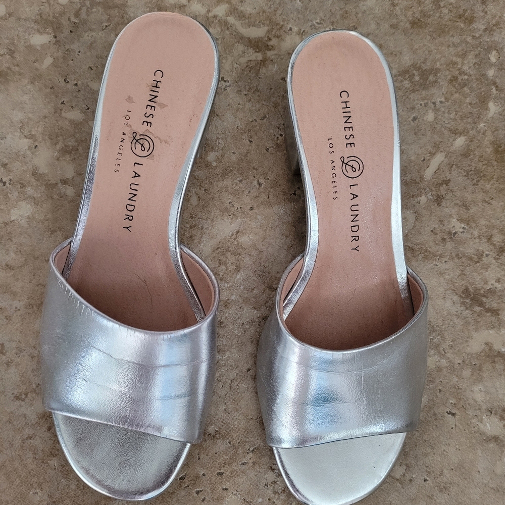 Low heel open toe silver sandals.